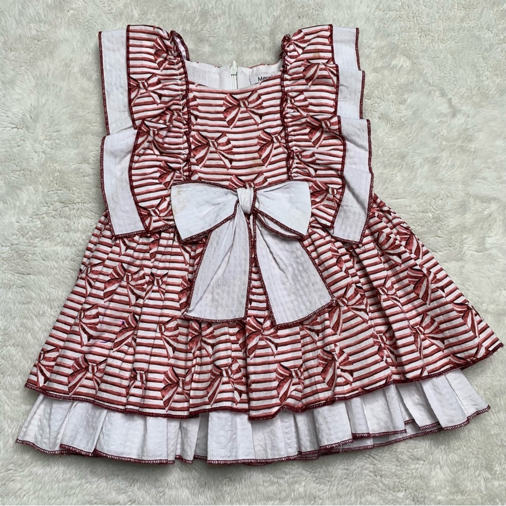 Meraki Girl's Red White Striped Sleeveless Ruffle Dress Ribbon Print Size 24M